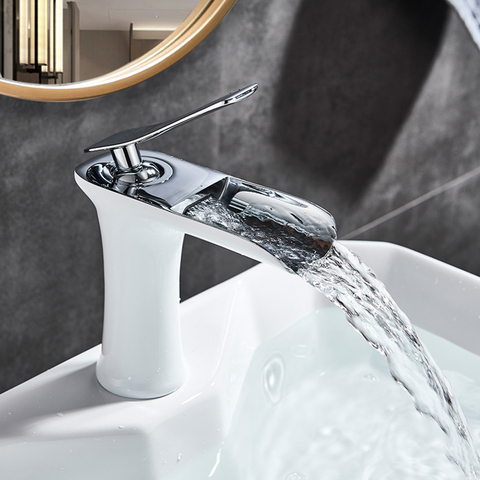 Grifo de lavabo de cromo blanco montado en cubierta, grifería de cascada para baño, mezclador de fregadero, grifo de agua caliente y fría de un solo mango ► Foto 1/6