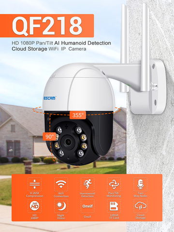 ESCAM-cámara de detección humanoide QF218 1080P AI, videocámara IP de almacenamiento en la nube con Audio bidireccional, impermeable, Pan/Tilt, WiFi ► Foto 1/6