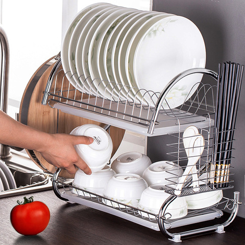 Escurridor de platos en forma de S de 2 niveles, escurridor de platos de acero inoxidable, escurridor de platos para lavar en casa, fregadero de cocina excelente, organizador de escurreplatos ► Foto 1/5