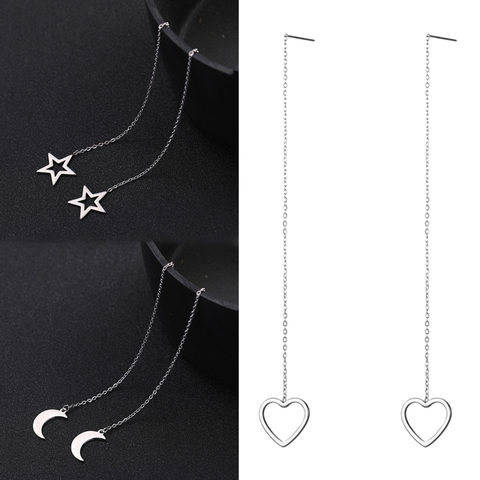 Teamer-pendientes de cadena larga de acero inoxidable para mujer, aretes de estrella coreana, Luna Corazón, joyería de moda, enhebrador lineal ► Foto 1/6