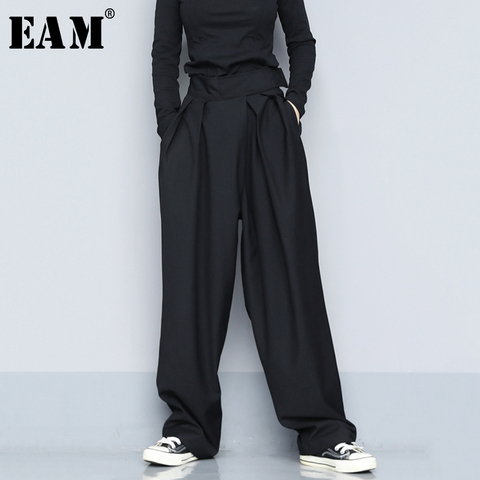 [EAM] pantalones negros de cintura alta plisados Pantalón largo de pierna ancha nuevos pantalones sueltos para mujer moda Primavera otoño 2022 1S399 ► Foto 1/5