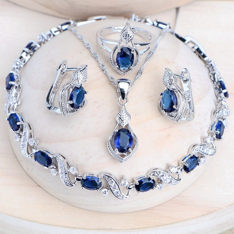 Conjunto de joyería nupcial de plata 925 para mujer, joyería de disfraz de circonita azul, pendientes de boda, anillos, pulseras, collar con colgante ► Foto 1/6