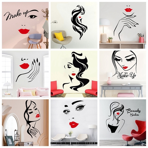 Pegatinas de pared de doble Color para peluquería, pegatinas de vinilo con labios rojos para salón de belleza, pegatina de maquillaje para barberos ► Foto 1/5