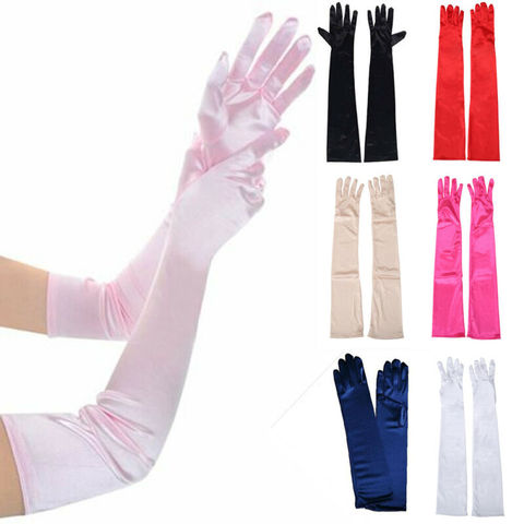 Guantes de noche para mujer, manoplas formales de satén de Color sólido, manoplas largas para dedo, para actividades, Color rojo, blanco, rosa ► Foto 1/6