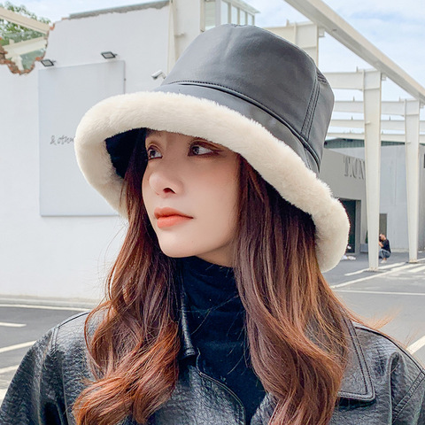 De Cuero Negro sombrero con forma de cubo para mujer de invierno de Otoño de 2022 de piel sintética peludo sombrero de Bob Femme de moda coreana pesca pescador de gorra sombreros ► Foto 1/6