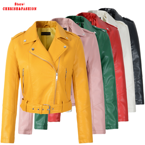 ¡Novedad! Chaqueta de cuero de moto color verde para invierno y otoño, chaqueta de piel amarilla para mujer, chaqueta fina de piel sintética ► Foto 1/6