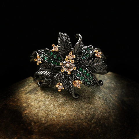 De las señoras de moda de joyería de Begonia flor verde anillo de circón Original italiano de lujo negro hecho a mano de joyería de oro de la flor anillo de mujer ► Foto 1/5