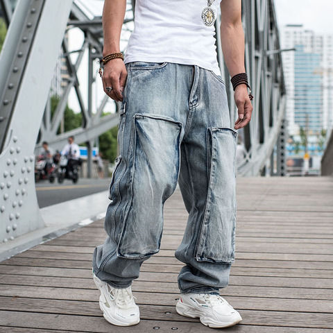 Pantalones vaqueros de talla grande para hombre, Jeans de moto de pierna recta, azul holgado, con bolsillo grande, para monopatín ► Foto 1/6