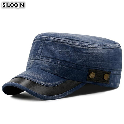 SILOQIN-Gorra plana de mezclilla lavada para hombre y mujer, sombrero militar de algodón, gorros con lengüeta del ejército, sombrero deportivo bordado de marca, tamaño ajustable ► Foto 1/6