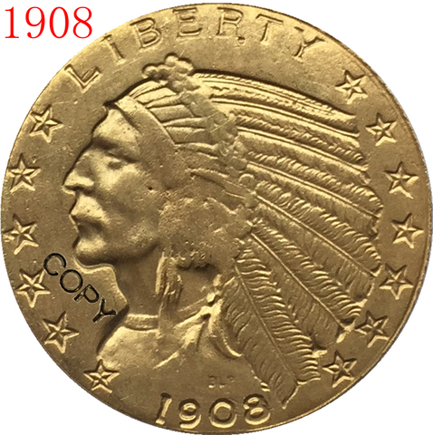 Moneda de mitad de águila india, oro de 1908 $5 chapado en oro de 24-K, copia ► Foto 1/3