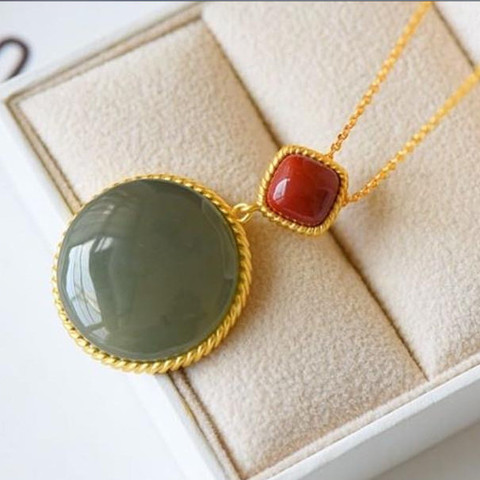 Nuevo plata con incrustaciones naturales Hetian jade redondo colgante, collar de estilo chino elegante retro de lujo luz encanto joyería de las mujeres ► Foto 1/6