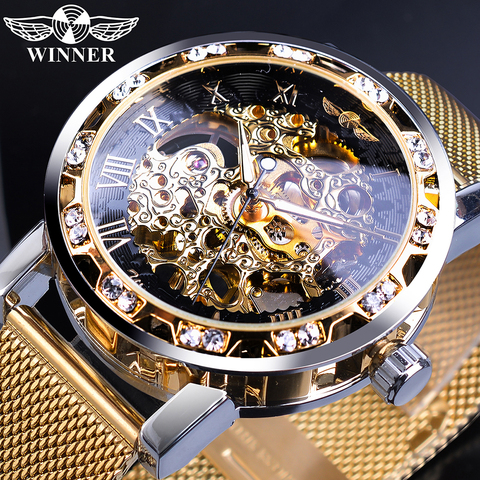 Winner-relojes de oro para hombre, reloj mecánico de esqueleto, malla de cristal, banda de acero inoxidable delgada, reloj de pulsera de cuerda a mano de lujo ► Foto 1/6