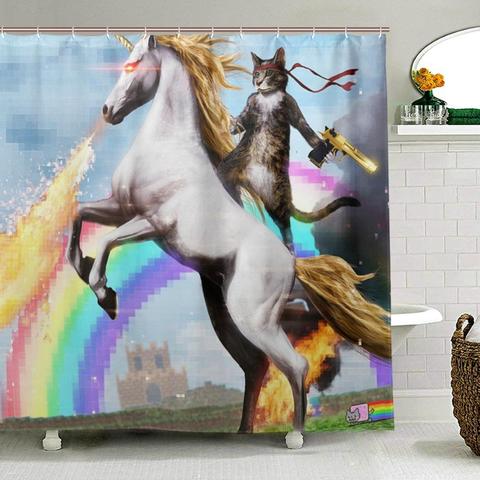 Cortina impermeable de ducha de unicornio y gato, cortina para el baño con tejido de poliéster, lavable, para decoración del baño ► Foto 1/5