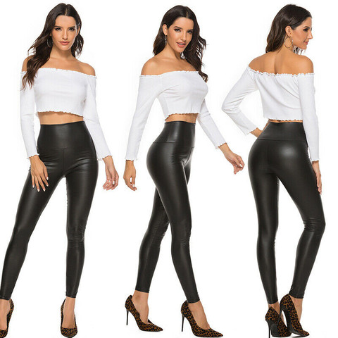 Leggings Sexy de piel brillante para Mujer Vadim 2022, pantalones elásticos negros de cintura alta de cuero falso, leotardos para Mujer ► Foto 1/6
