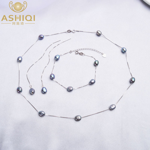 ASHIQI-Conjunto de joyería de perla Natural de agua dulce auténtica para mujer, de Plata de Ley 925, collar, pulsera, pendientes, novedad de moda ► Foto 1/6