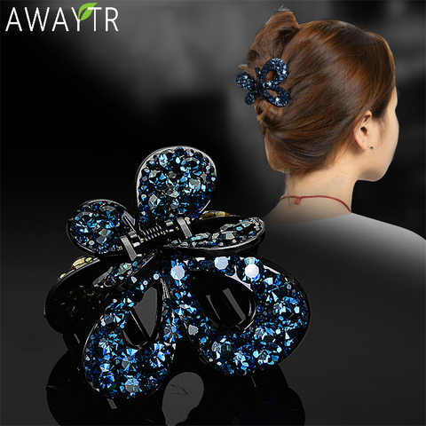 AWAYTR-Pinza de cristal para pelo Vintage para mujer, horquilla de mariposa, Clip para cangrejo, lazos brillantes de diamantes de imitación, accesorios para el cabello ► Foto 1/6