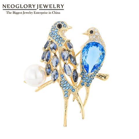 Neoglory, fabuloso broche azul y blanco de 2 pájaros, Animal para mujer, circonita cúbica y concha, perla, Pin de moda para abrigo, regalo para amigo ► Foto 1/6