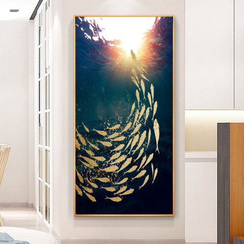 Oro Abstracto moderno de peces Koi, cuadro sobre lienzo para pared, paisaje oceánico, carteles e impresiones, imágenes de pared para decoración para sala de estar ► Foto 1/6