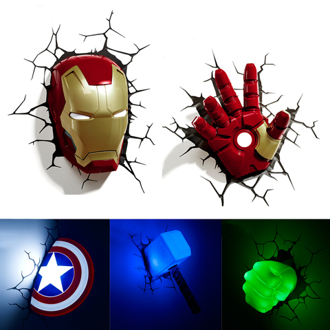 Acecorner-Lámpara de pared Los vengadores de Marvel cara de Hulk y Iron Man, luz LED 3D creativa para la noche del Capitán América, regalos de Navidad para niños ► Foto 1/6