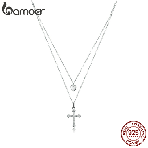 Bamoer-colgante de Plata de Ley 925 con forma de cruz y corazón, collar con circonita cúbica de platino plateado, cadena, collares, joyería, BSN197 ► Foto 1/6