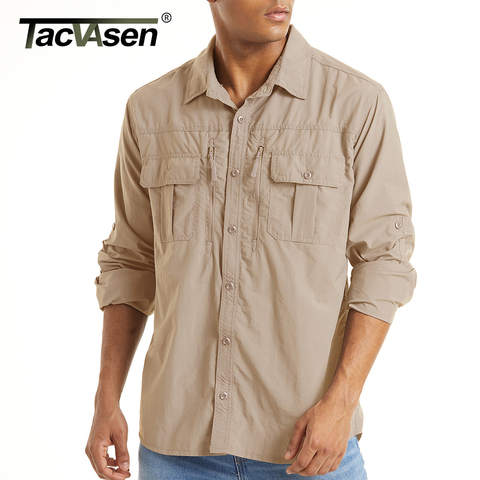 TACVASEN-Camiseta táctica con 2 bolsillos y cremallera en el pecho para hombre, camisa protectora de piel de secado rápido, de manga larga, para trabajo en equipo, para exteriores ► Foto 1/6