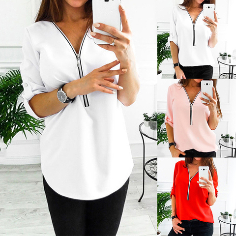 2022 nueva llegada de la moda de las mujeres con cuello en V y manga larga suelta chifón largo camisa blusa de mujer Tops de talla grande ► Foto 1/6