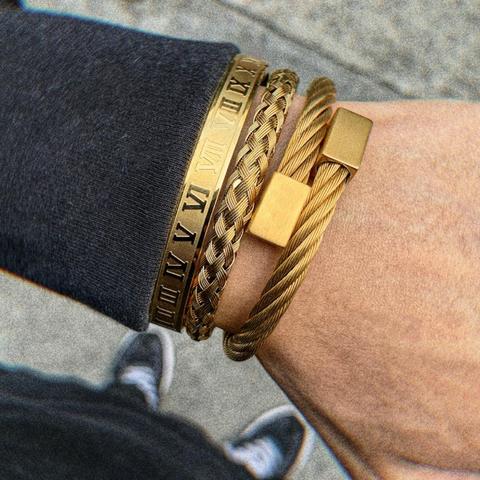 Conjunto de 3 pulseras de acero inoxidable para hombre, joyería de lujo, estilo Hip Hop, Número romano, Color dorado ► Foto 1/6
