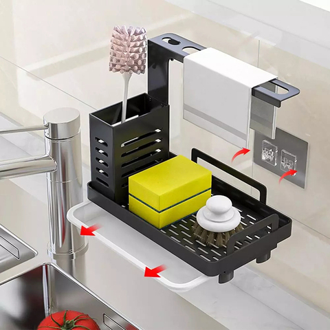 Organizador de cocina, fregadero de cocina duradero Simple, Caddy, esponja inoxidable, soporte para cepillo para jabón, estante con escurridor, bandeja de secado de platos de trapo ► Foto 1/6