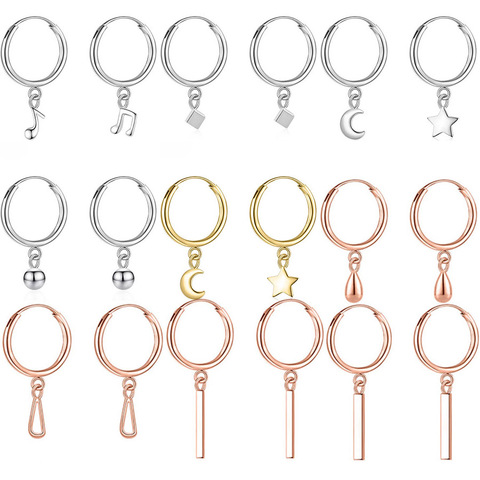 ElfoPlataSi-Plata de Ley 925 auténtica, notas de luna, estrella, oro, rosa, Plata Pendiente de aro con cuentas para mujer, joyería DD366 ► Foto 1/6