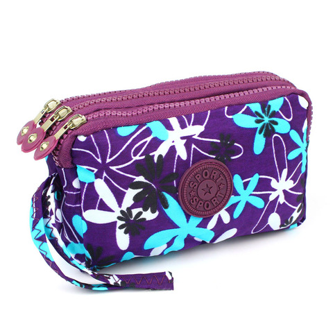 Billetera de tela de lona con 3 cremalleras para mujer, monedero con flores, bolso de mano, billetera para chicas ► Foto 1/5