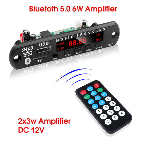 Placa decodificadora para coche, amplificador de 2x3W, reproductor MP3, 5V, 12V, Bluetooth 5,0, 6W, módulo de Radio FM, compatible con TF, USB, AUX, FM ► Foto 1/6