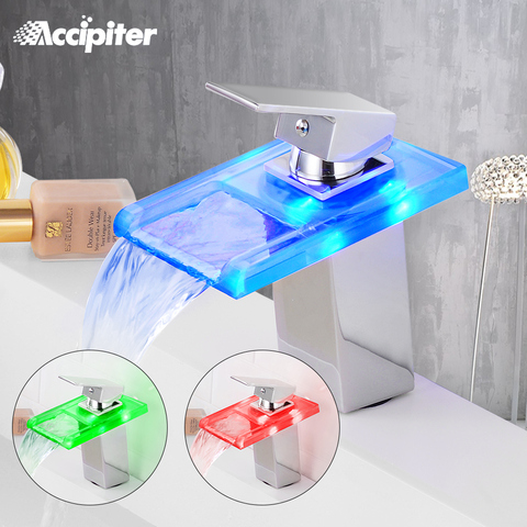 Grifo Led de cascada de baño. Grifo de lavabo de latón de cascada de cristal. Cuarto de baño grifo mezclador montado cubierta lavabo grifo mezclador ► Foto 1/6