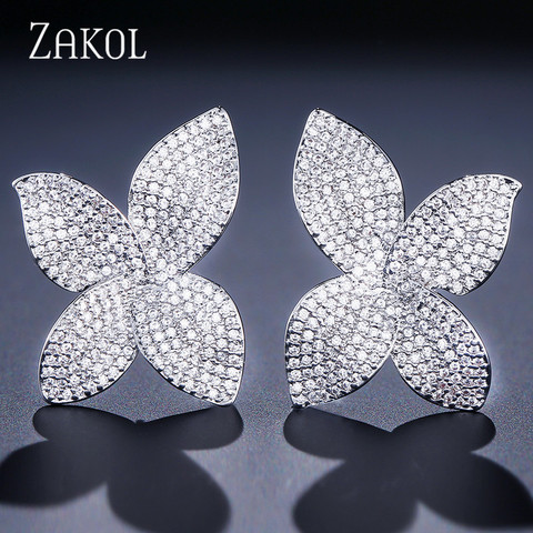 ZAKOL nueva moda de lujo de mariposa AAA Zirconia cúbica Micro pavimento ajuste flor pendientes grandes con pasador para las mujeres regalos de fiesta FSEP2078 ► Foto 1/5