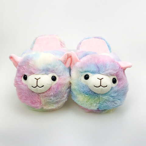 Pantuflas de peluche para interiores con dibujos de unicornios, chanclas suaves y divertidas con dibujos animados de Alpaca, rayas multicolor, pantuflas de algodón peludas para el hogar ► Foto 1/6