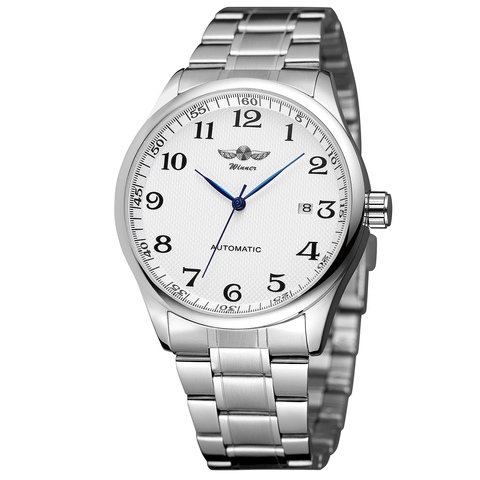 WINNER Fashion-reloj mecánico automático para hombre y mujer, correa de acero inoxidable, esfera blanca ► Foto 1/6