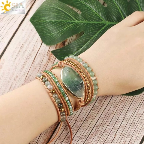 CSJA-Pulseras de piedra Natural de fluorita verde, brazalete de cuero con cuentas de Aventurina, joyería Bohemia multicapa, G118 ► Foto 1/6