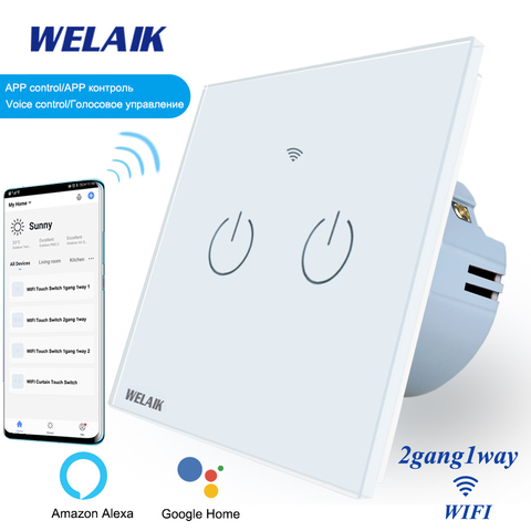 WELAIK-interruptor inteligente de pared con WIFI, enchufe de pared con Panel de cristal, 2 entradas y 1 vía, A1921CW-WIFI europeo ► Foto 1/5