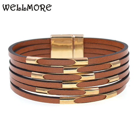 WELLMORE-Pulseras de cuero para mujer, brazaletes elegantes de moda, pulsera de envoltura ancha multicapa, joyería al por mayor, 2022 ► Foto 1/6