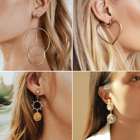 Pendientes con estilo de moda para mujer, aretes de perlas geométricas circulares de aleación para mujer, aretes de cadena larga con corazón de estrella, Pendientes colgantes, joyería ► Foto 1/6