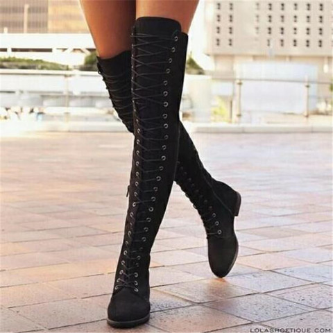 Sexy de encaje botas sobre la rodilla de las mujeres estilo romano botas de las mujeres planos de las mujeres zapatos para mujer de ante Botas Largas invierno de alta del muslo botas 35-43 ► Foto 1/1