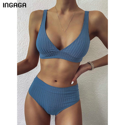 INGAGA 2022 Bikinis traje de baños de cintura alta traje de baño mujeres Push Up Bikini playa Top de mujeres traje de baño las mujeres acanalada Bikini ► Foto 1/6