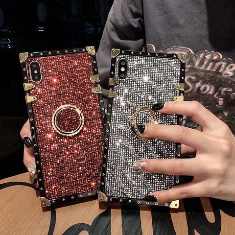 Funda de teléfono de lujo con diamantes de imitación para Samsung S21 Plus S20 FE Ultra S10e S9 S8 Note 20 10 9 8, funda trasera cuadrada de TPU con soporte de anillo ► Foto 1/6