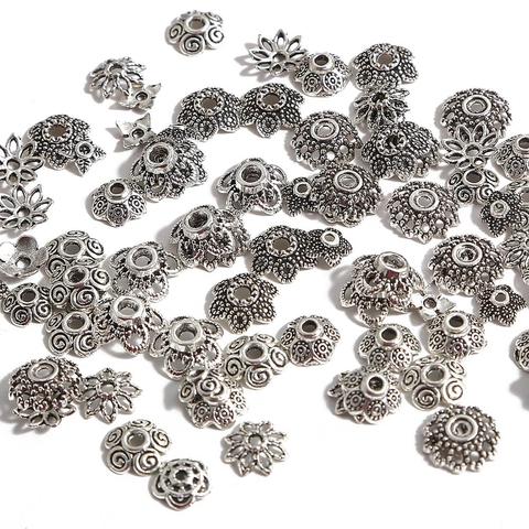 Tapas de extremo de cuentas de flor de Color plata antigua tibetana, accesorios de costura DIY, 50-100 Uds., venta al por mayor ► Foto 1/6