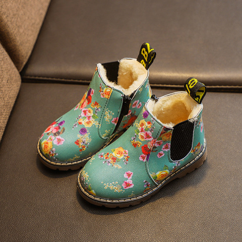 Botas de goma impermeables con estampado de flores para niños, zapatillas de deporte para niñas pequeñas, botas de nieve de cuero para niños, botines de felpa antideslizantes para bebés ► Foto 1/6