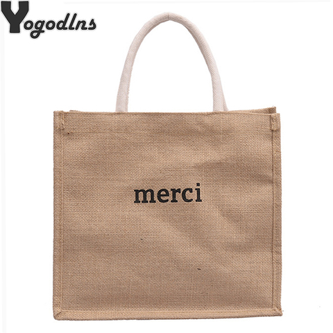 Bolsos de lino informales con letras para mujer, bolsas de compras de gran capacidad de diseñador de marca, bolsos de hombro de viaje para playa ► Foto 1/6