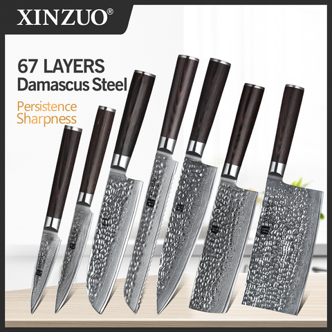 XINZUO-Juego de cuchillos de Chef, utensilios de cocina de acero de Damasco japonés, pelador, Santoku, rebanador, utilidad, 7 Uds. ► Foto 1/6