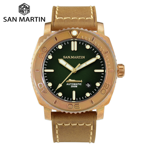 San Martin Diver Retro CuSn8 para hombre, reloj mecánico automático de lujo de bronce, zafiro, 30Bar, correa de cuero de vaca impermeable, BGW9 luminoso ► Foto 1/6