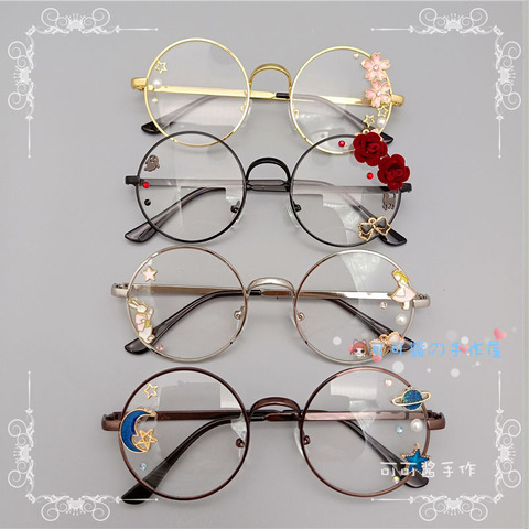 Montura de gafas de Lolita hecha a mano, gafas redondas Harajuku, negro, plata, bronce, rosa dorada, Sakura, estrella, hada y Luna, conejo, moda ► Foto 1/6