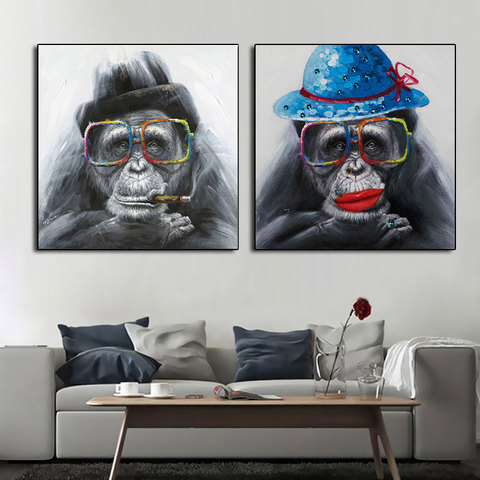 Pintura en lienzo de carteles de animales e impresiones, imágenes de pared para sala de estar, decoración del hogar, mono, gorila, para fumar, con gafas ► Foto 1/6