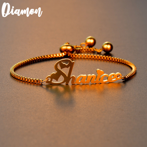 Diamon-pulsera personalizada con nombre para mujer, brazalete de acero inoxidable con letras, cadena ajustable, regalo de boda ► Foto 1/6